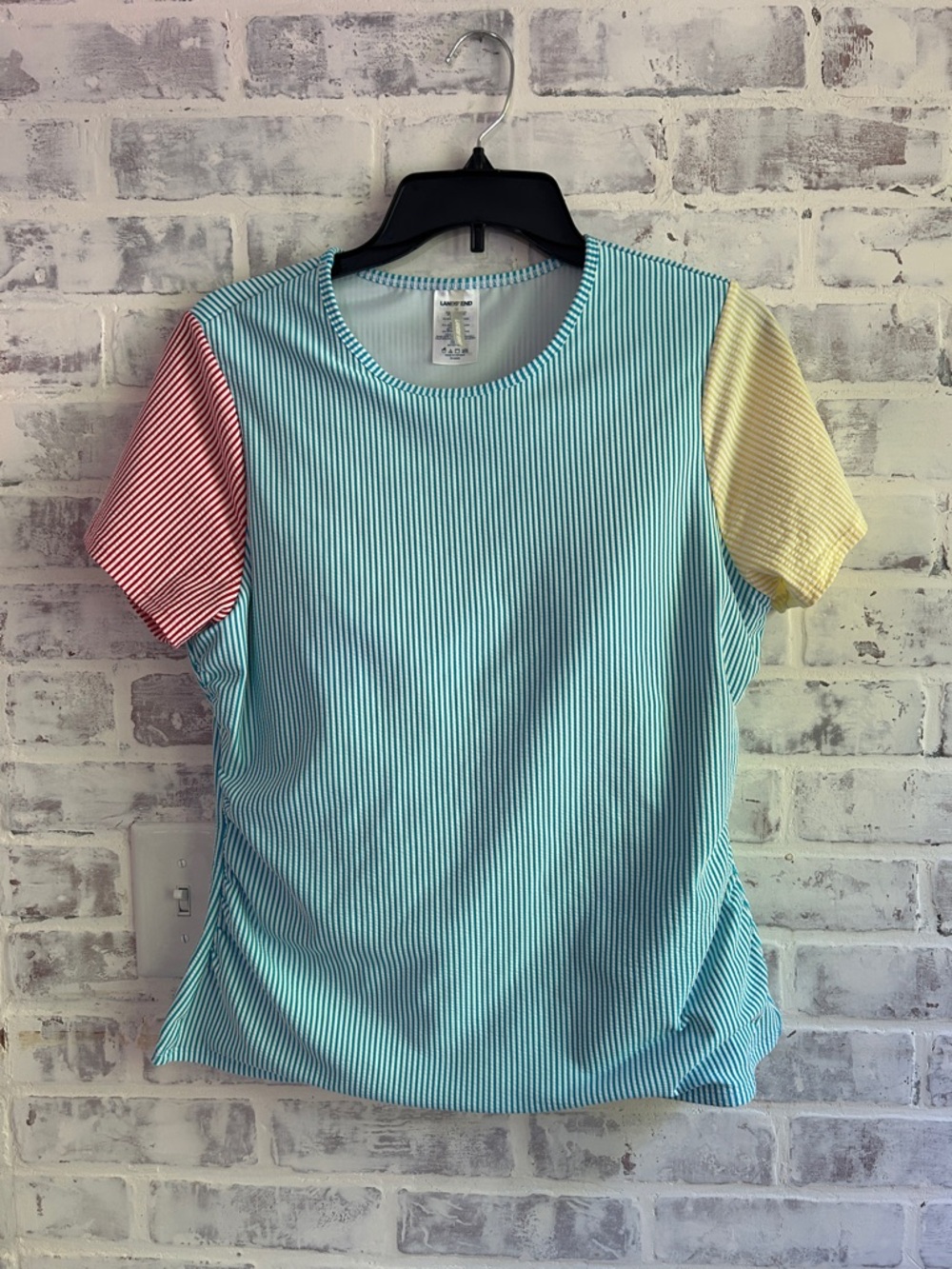 Lands' End Women's 12 Swim Shirt Short Sleeve Pink Yellow Stripes Beach Resort